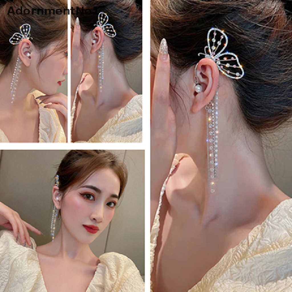 (AdornmentNo1) Anting Tusuk Gantung Panjang Desain Kupu-Kupu Hias Kristal + Mutiara Untuk Wanita