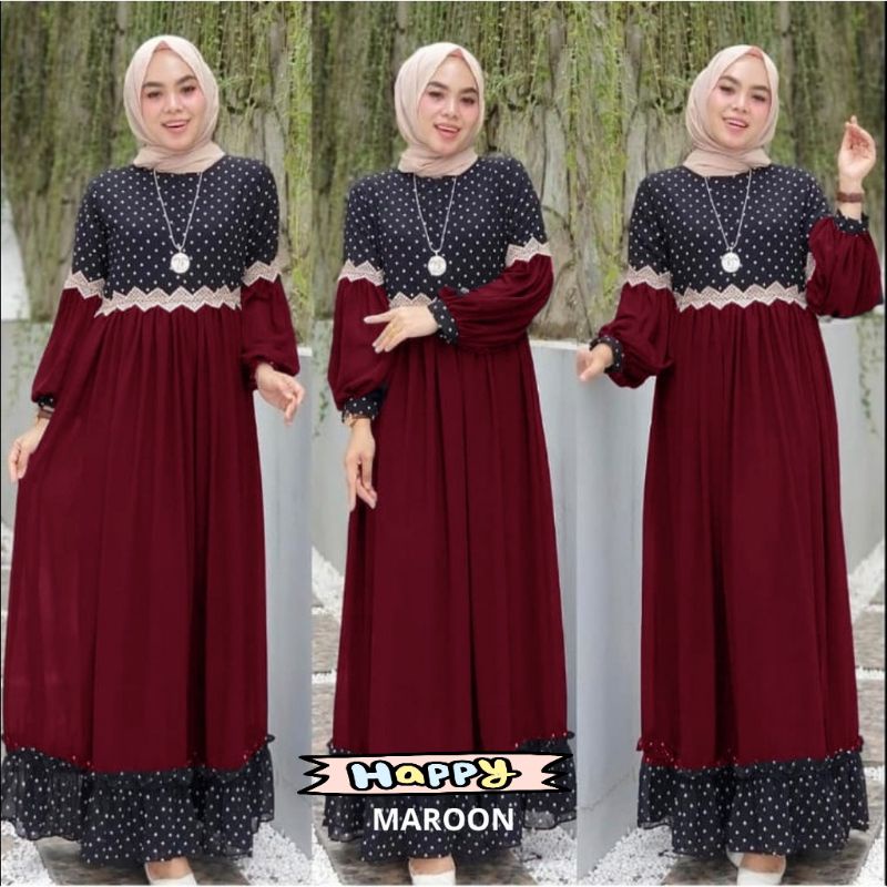 (NEW) MONIDA - Baju Gamis Maxi Maxy Bahan Katun Bulat Polka Polkadot Onde Renda Krancang Kerancang K