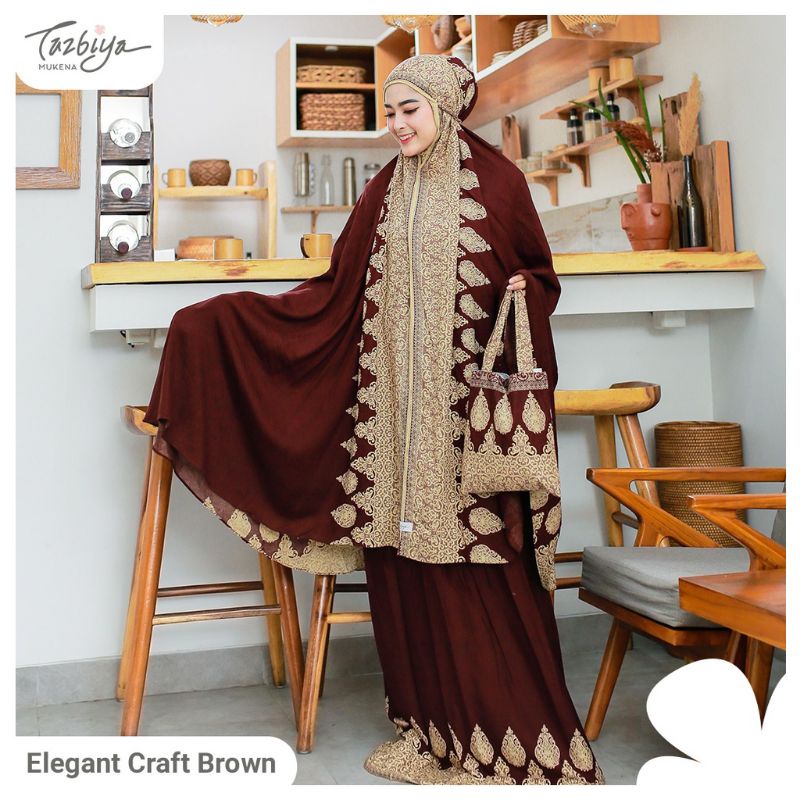 Mukena Tazbiya Sejadah Elegant Craft Khaki Dewasa Jumbo Katun Rayon Motif