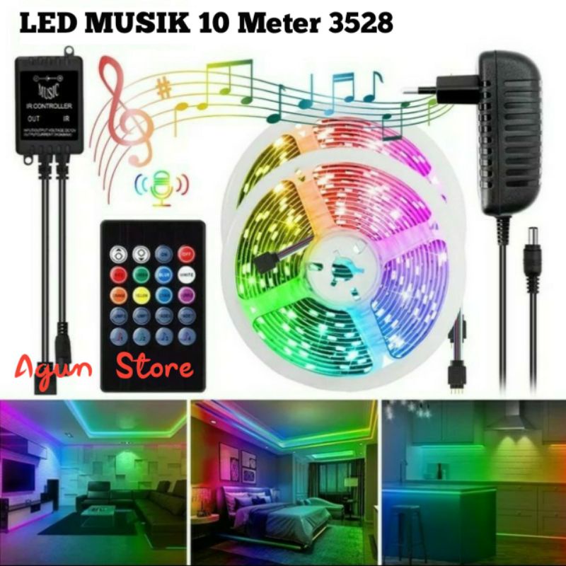 LAMPU LED STRIP DEKORASI KAMAR RGB 3528 10M SENSOR SUARA MUSIC TAHAN AIR TEMPEL DINDING WARUNG TOKO