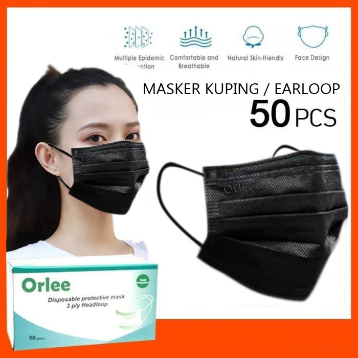 Masker Medis Orlee (Ada Emboss nya) Earloop Non Headloop Hijab 3 Ply Kemenkes Hitam Isi Box Isi 50 |