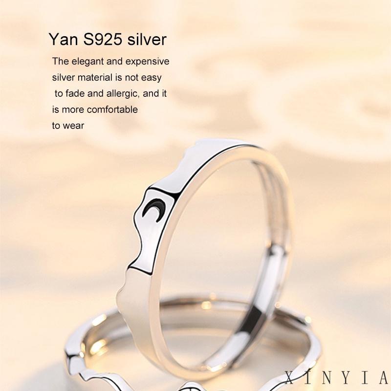 Cincin Model Terbuka Adjustable Desain Matahari Bulan Bintang Hati Warna Silver Untuk Pasangan