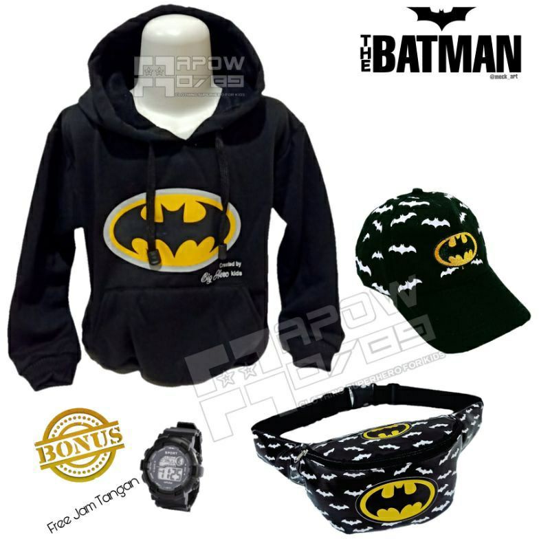 Jaket Hoodie Anak Batman 4in1 jaket hangat paket komplit bonus jam digital