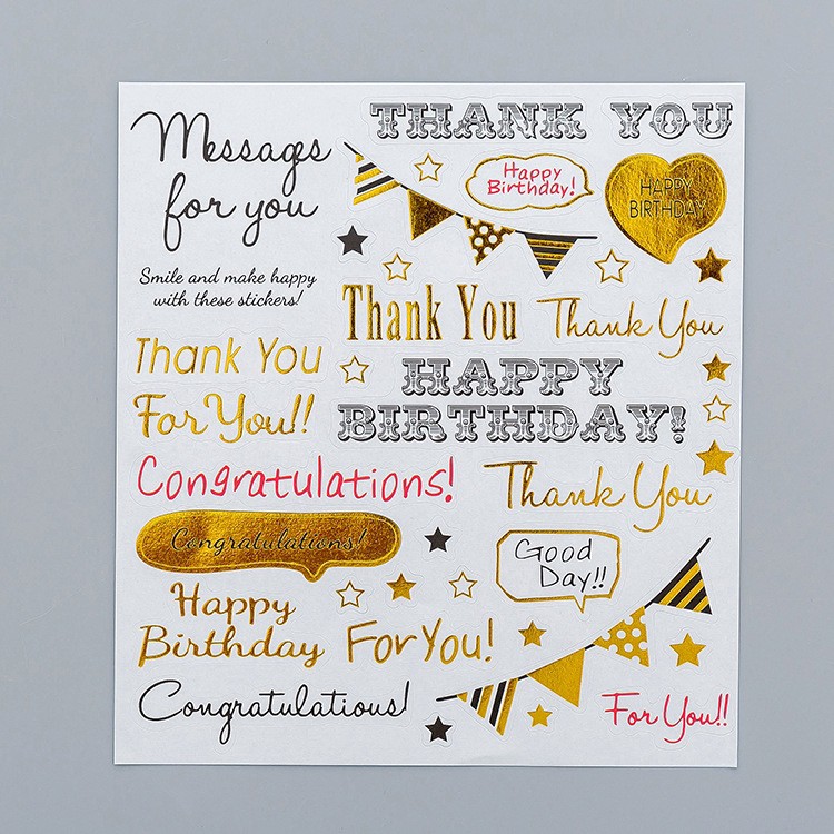 

STICKER DECO THANK YOU HAPPY BIRTHDAY COLOR & GOLD STIKER SCRAPBOOK DIARY BUJO DIY
