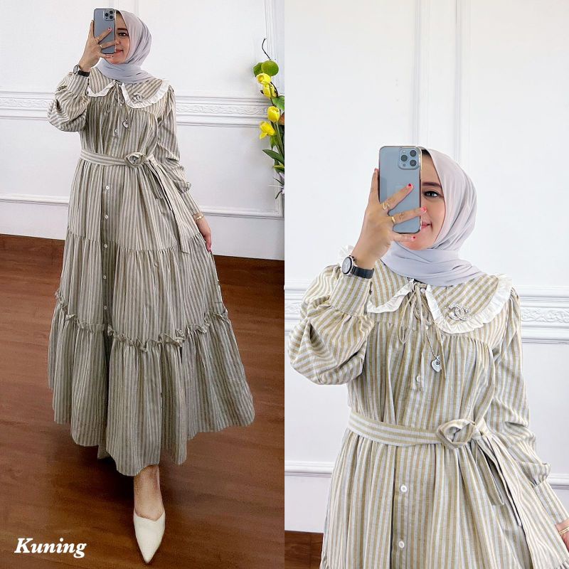 Readyy midi dress viona salurBhn katun linen import lembutLd 110cm/pb 130Freee belt tali