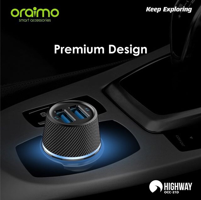 CHARGER CAS MOBIL CAR CHARGER  ORAIMO DUAL USB ULTRA COMPACT OCC-21D OCC21D GARANSI 1tahun 12 - 24 Range Volt Tanpa Kabel