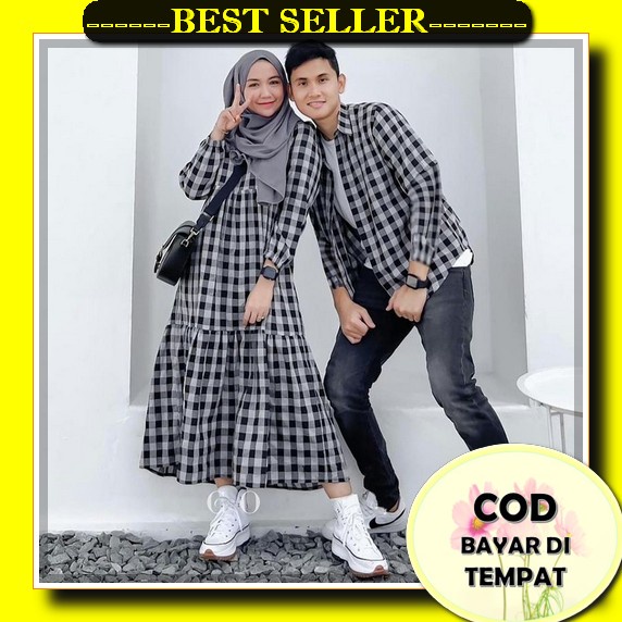 Baju Pasangan| Gamis Pasangan| Koko Set Dress Hitam| Baju Pasangan Polos/ Kombinasi| Couple Pria Wanita |Baju Kondangan Sarimbit [R.A] Raya Couple Gamis Remaja L Set Baju Cp Katun Kotak Premium Muslim Fashion Terlaris