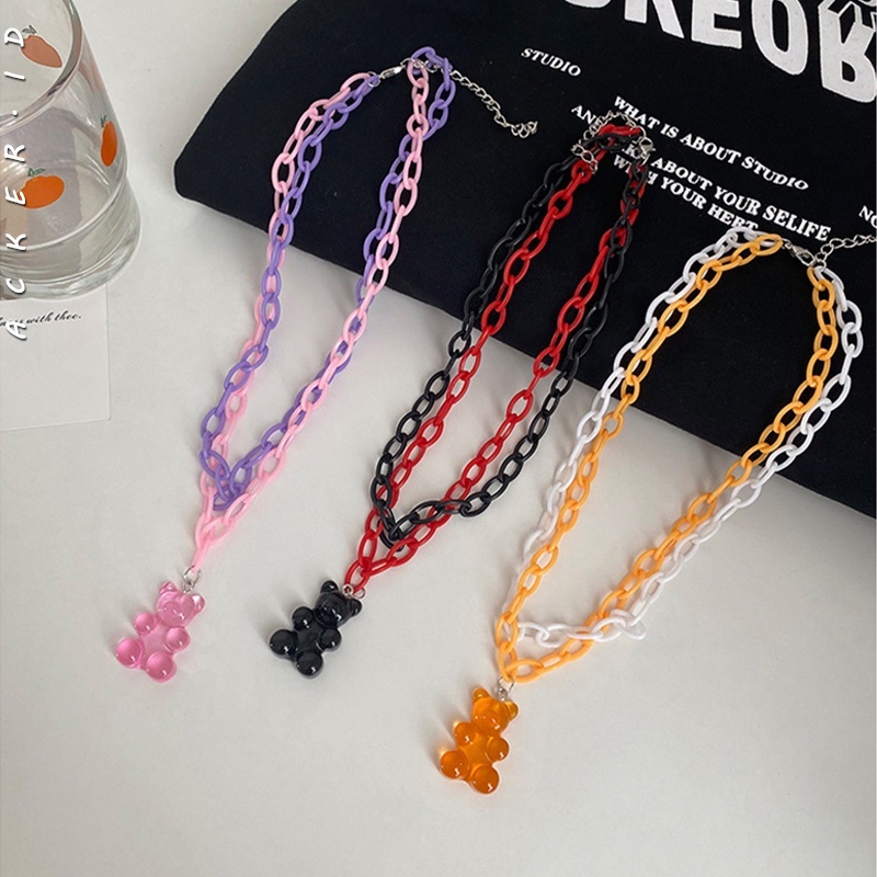 [ACKER] Teddy Double Layer Kekanak-kanakan Manis Keren Lucu Kartun Warna Bear Gummy Liontin Kalung