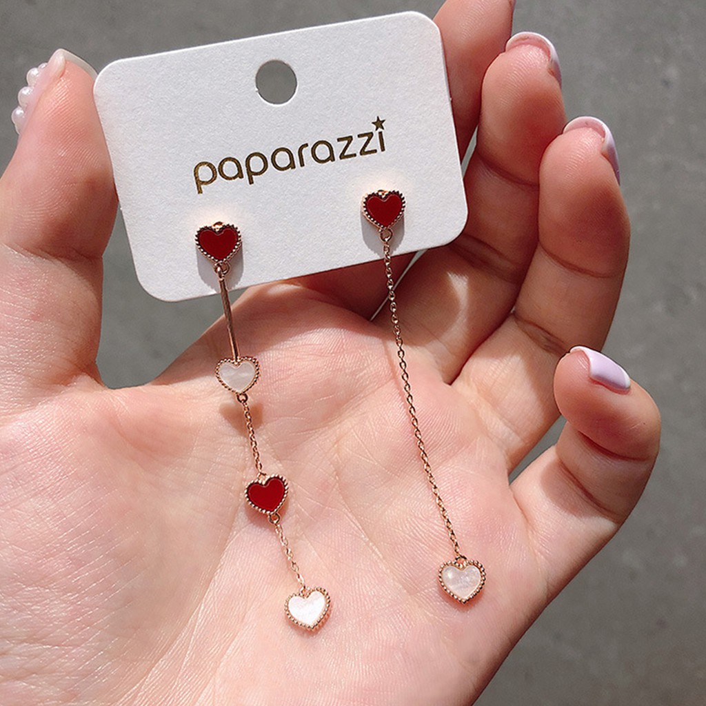 Anting wanita love panjang merah korean style-3