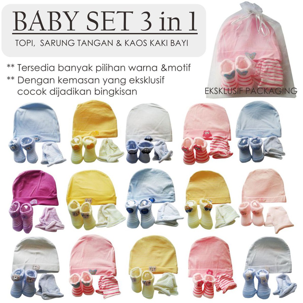 3in1 Topi Sarung Tangan Kaos Kaki Bayi Hat Sock Mitten Booties  Bayi stk