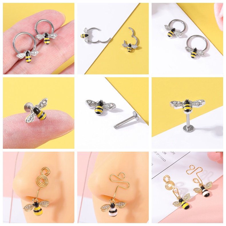 1pc Anting Stud Tindik Palsu Bentuk Lebah Bahan Stainless Steel Untuk Bibir Perut Pusar Hidung