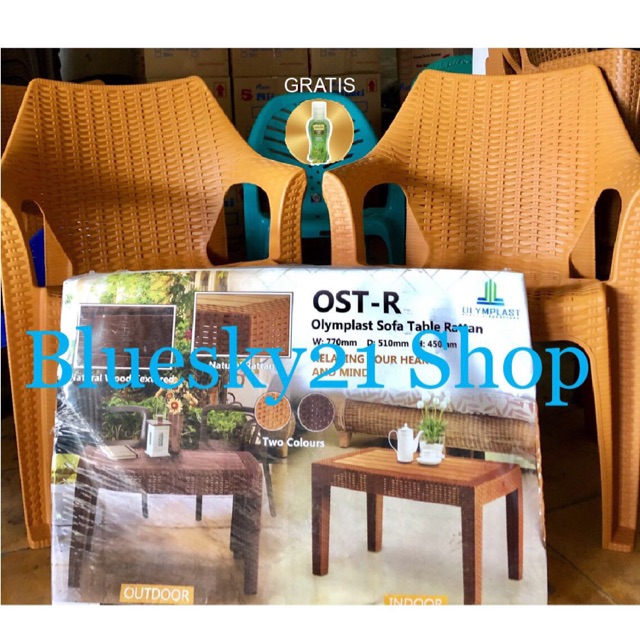 PAKET KURSI SANTAI 2 + MEJA TERAS PANJANG 1 PLASTIK ANYAMAN ROTAN OLYMPLAST