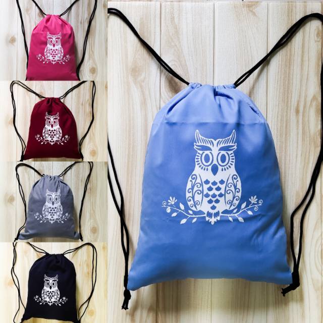 STRINGBAG tas ransel serut sablon bahan drill halus motif CUTIE OWL || Kiiyoomii ||