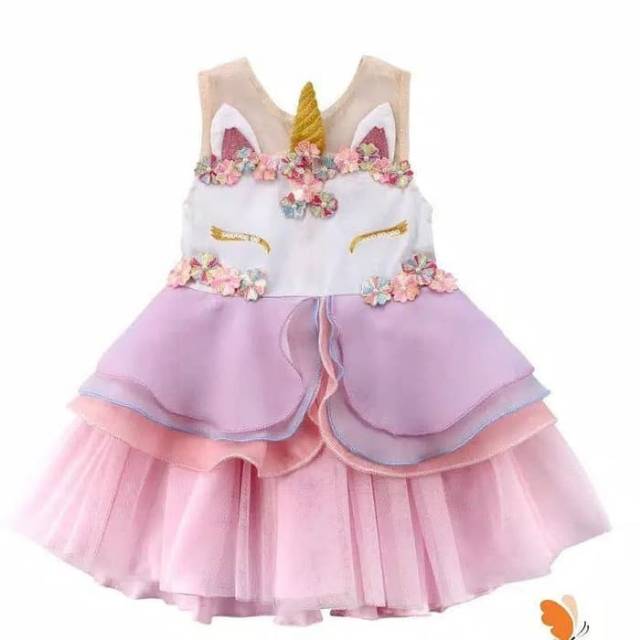Baju bayi dress anak perempuan gaun pesta motif unicorn pink