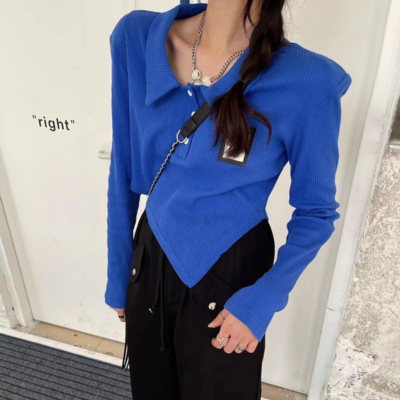 #Sisjuly# Eropa dan Amerika MerajutTT-shirt Wanita Lengan Panjang Tidak Teratur Kerah Slim Fit All-Match Fashi