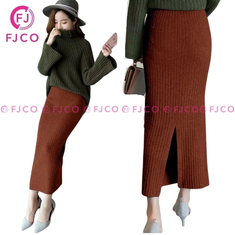 FJCO - Rok Panjang Wanita Rok Span Model Korea Terbaru Rok Rib Jessy Rok Plisket-bata