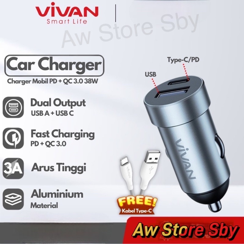 (VIVAN C02) Car Charger Mobil 2 Ports USB-A USB C 20W 3A QC3.0 PD Fast Charging