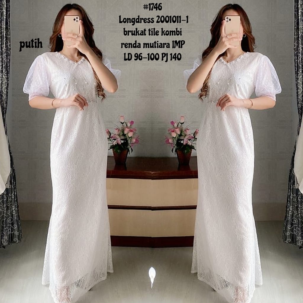 Pakaian Wanita 91745 91746 Dres Putih Tile Impor Kombinasi Renda Mutiara