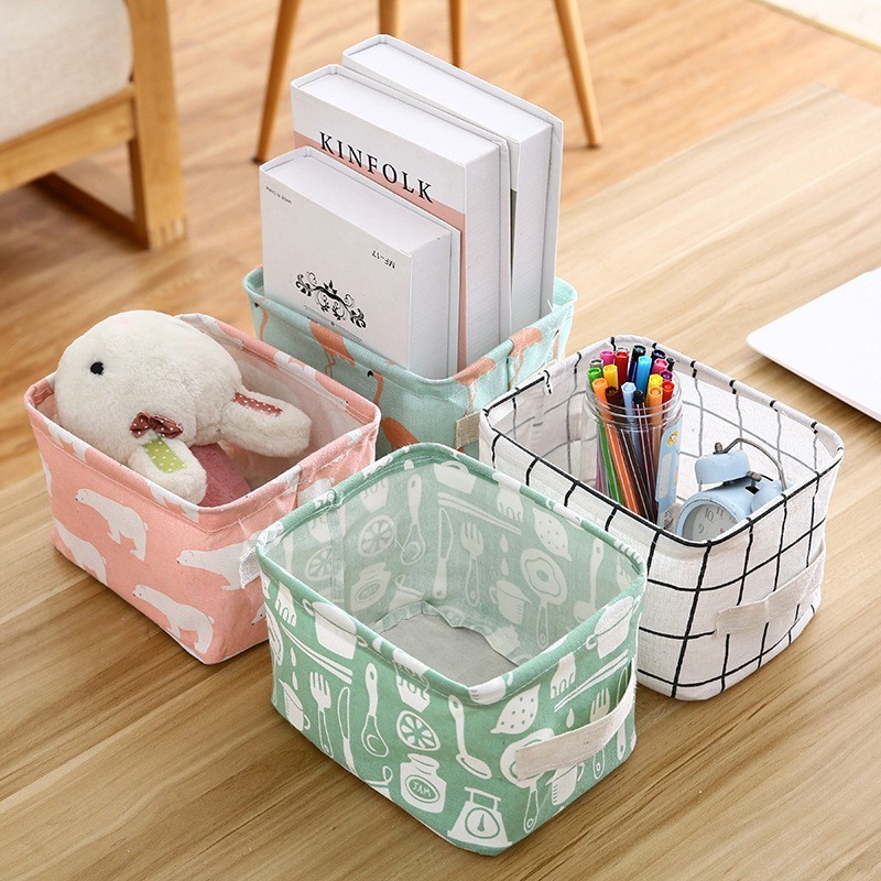 Keranjang Mini Lipat Organizer Tempat Aksesoris Stationery Skincare Kotak Kecil Kanvas Multifungsi Desktop Storage