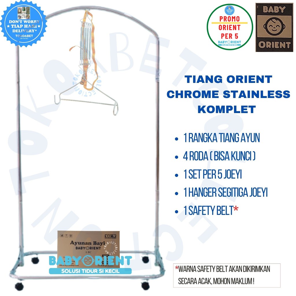 PROMO ORIENT PER 5 Rangka Tiang Ayunan Bayi Chrome Stainless Per 5 Hanger Segitiga Safety Belt Roda bisa dikunci Perlengkapan Tidur Baby Kebutuhan Anak TOKOABET