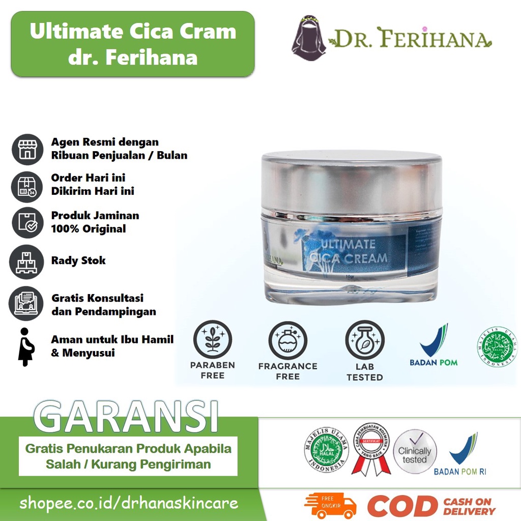 Ultimate Cica Cream dr. Ferihana Cosmetics &amp; Skincare Merupakan Produk Perawatan Wajah untuk Mengatasi Bopeng Scar Bekas Jerawat dan Luka Stretch Marks Selulit Kulit sensitif Memperbaiki Skin Barrier Sekaligus Anti Aging BPOM LPPOM HALAL MUI