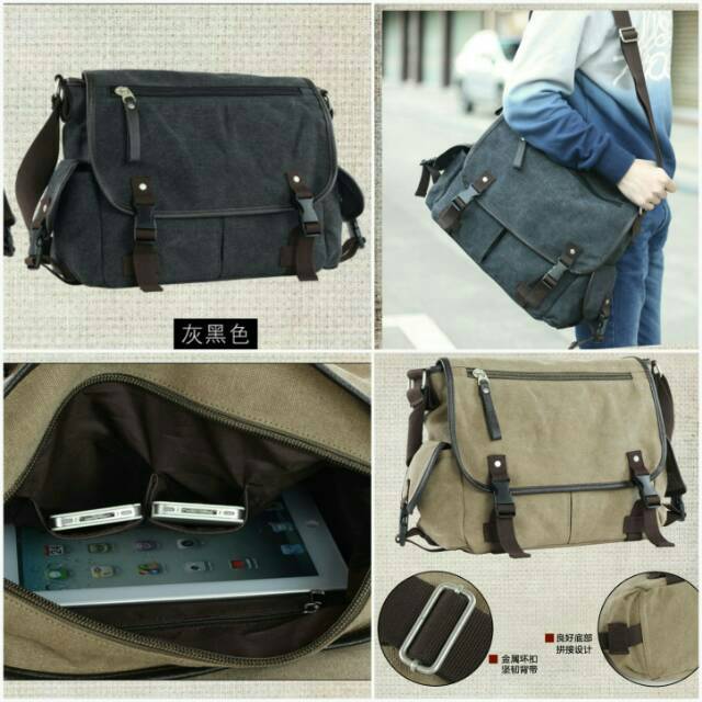 Tas Selempang Pria Crossbody Messenger Bahan Canvas Fashion - Hitam LZ