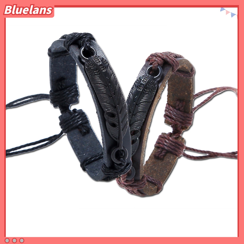 Bluelans Men Faux Leather Feather Adjustable Rope Braided Bracelet Wristband Jewelry