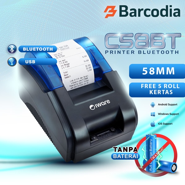 BARCODIA Paket Printer Bluetooth IWARE 58BT 5 ROLL KERTAS / PPOB THERMAL 58MM C58BT (USB+BLUETOOTH)
