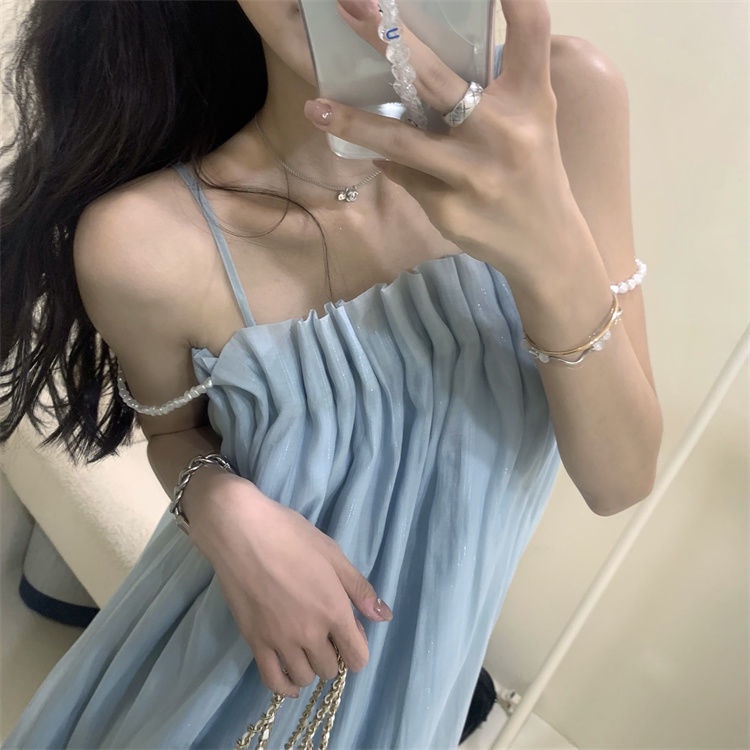 ℗❐❡Angin lembut gaun one-piece 2022 musim panas sangat peri garis vertikal halus flash mutiara tali tube top suspender dress wanita