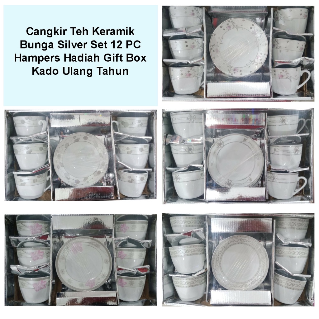 Cangkir Teh Keramik Bunga Silver Set 12 Hampers Hadiah Gift Box Kado Ulang Tahun