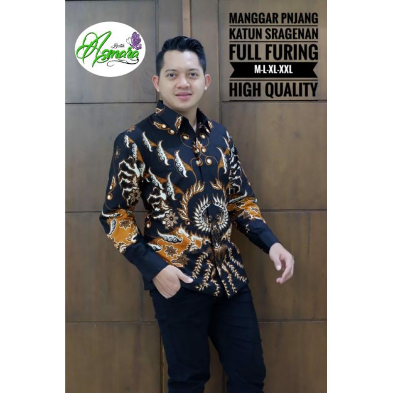 Kemeja Batik Exclusive Warna Hitam Motif Manggar Batik Lapis Furing Terbaru MANGGAR HITAM PANJANG