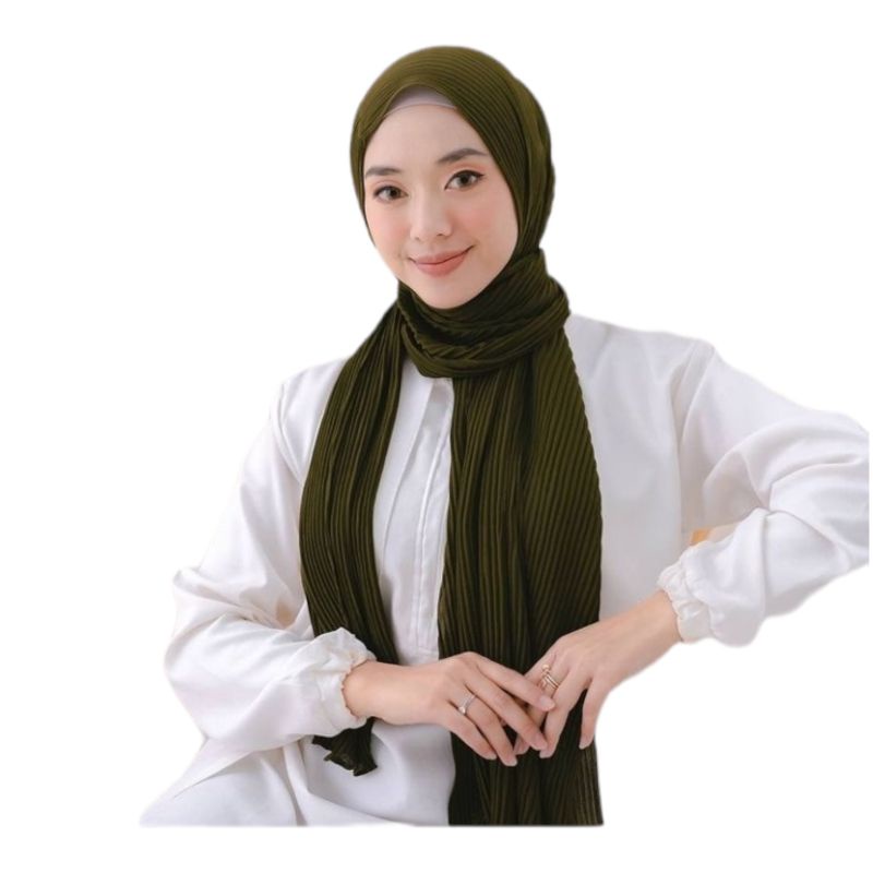 Hijab Pashmina Plisket Shawl/Pashmina Plisket Ceruty Babydool-army