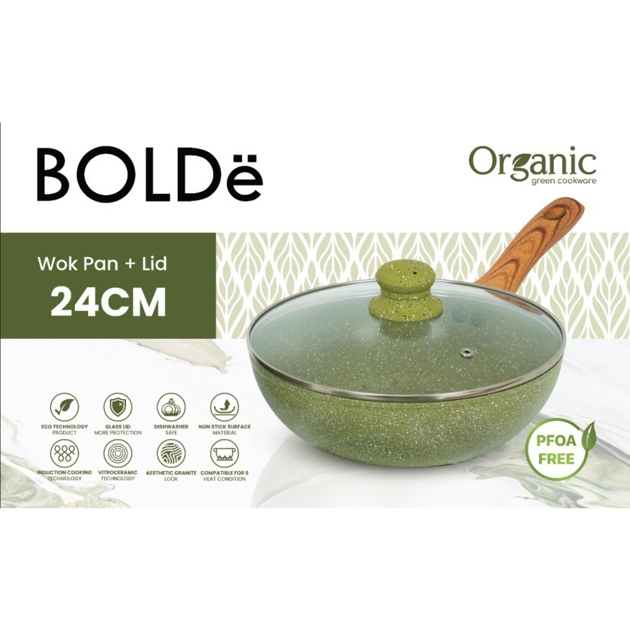 BOLDE wok pan organic green 24 cm + tutup kaca GRANITE SERIES