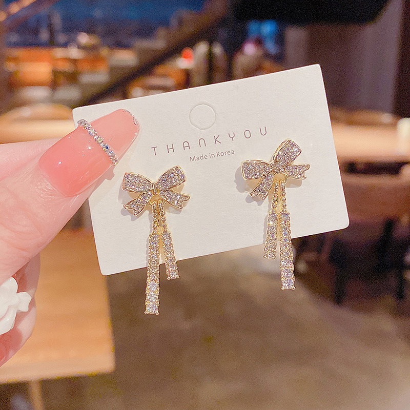 Anting Tusuk Gantung Sterling silver 925 Desain Pita + Rumbai Hias Berlian Untuk Wanita