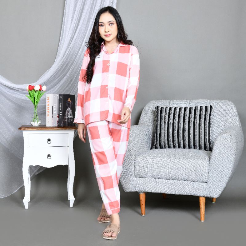 Baju Tidur Piyama Wanita/Cewek Pajamas Dewasa Katun Motif Kotak Emily PP Lengan Panjang Kekinian