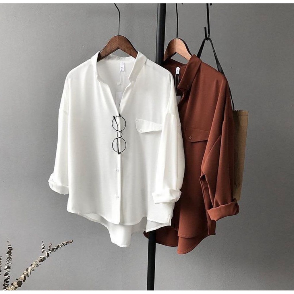 BAJU ATASAN KEMEJA WANITA MADANIA TOP KEMEJA WANITA LENGAN PANJANG CASUAL POLOS IMPORT JUMBO TERBARU-2