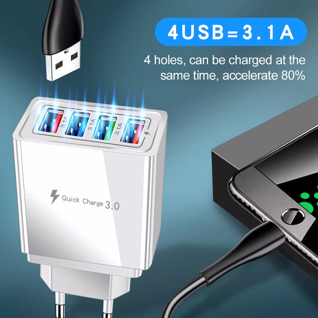 Adapter 4 Port Charger 5V 3.1A USB Quick Charging Fast Charging Pengisian Daya Cepat+Lampu LED