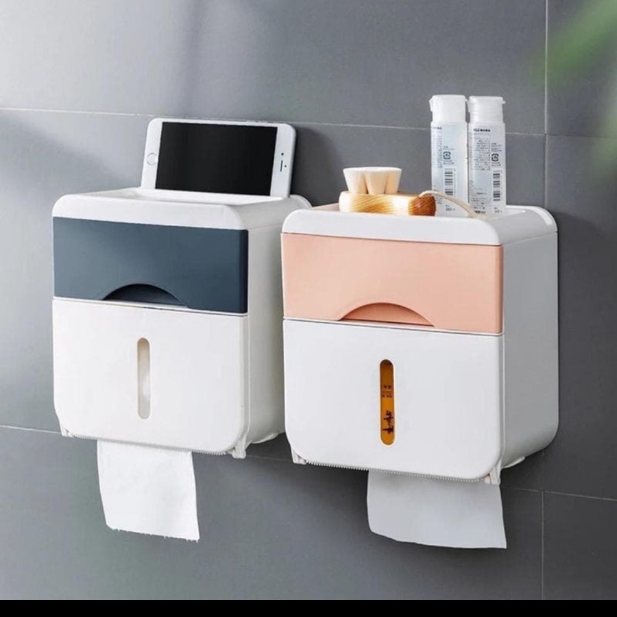 Kotak Tempat Tisu Tissue Laci Plastik Tempel Dinding Storage HP Holder Double Layer Toilet Unik Lucu