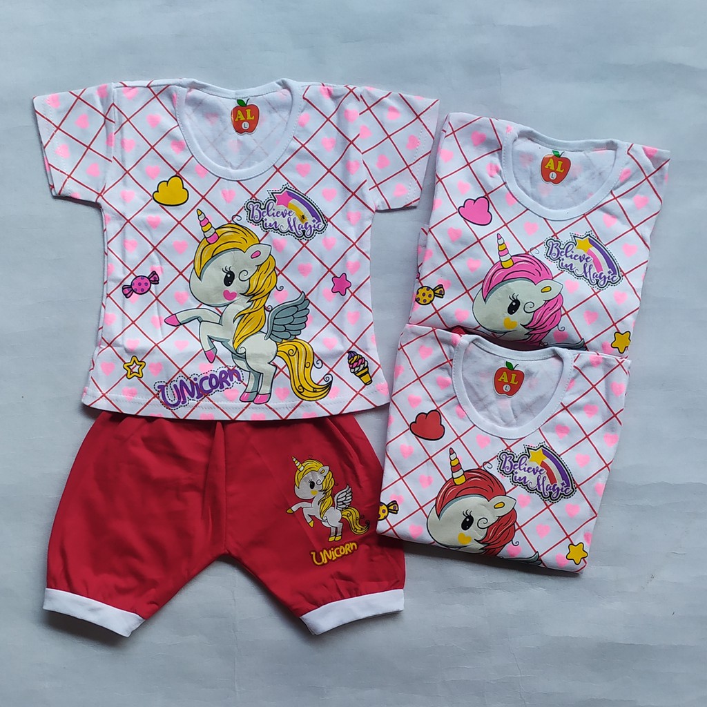 Setelan baju anak perempuan bayi lengan pendek 0 - 18 bulan motif / setelan anak cewek motif