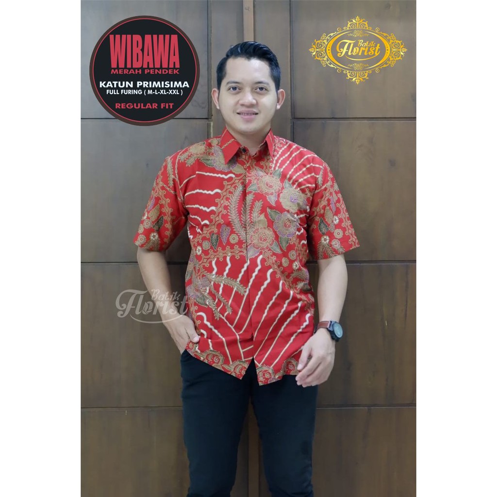 WIBAWA MERAH PENDEK Kemeja  Batik Pria Full Furing Bahan  