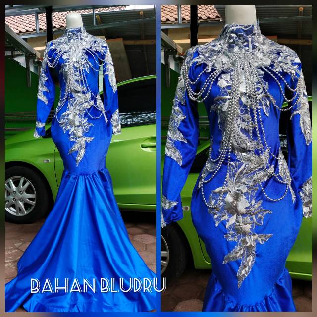 baju singer/baju penyanyi/dres singer/biru bludru kalung mutiara