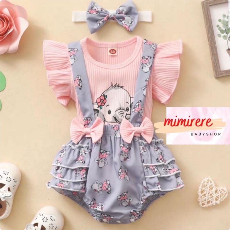 Catell love Overall Ruffle Rib Pendek + Bandana Warna Pastel