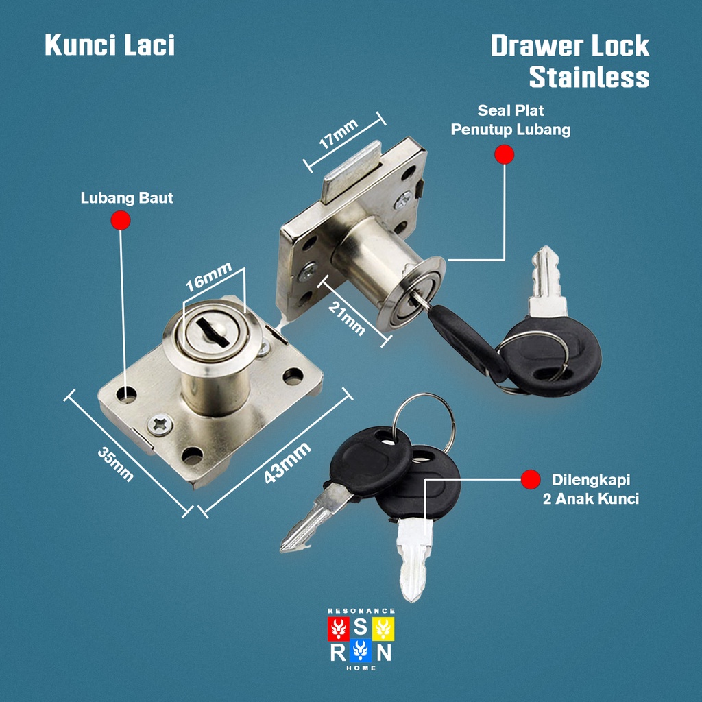 Kunci Laci l Lemari l Drawer Lock 16mm Resonance Home