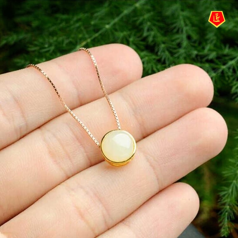 [Ready Stock]Hetian Jade Necklace Female 18K Gold Pendant Korean Style Temperament