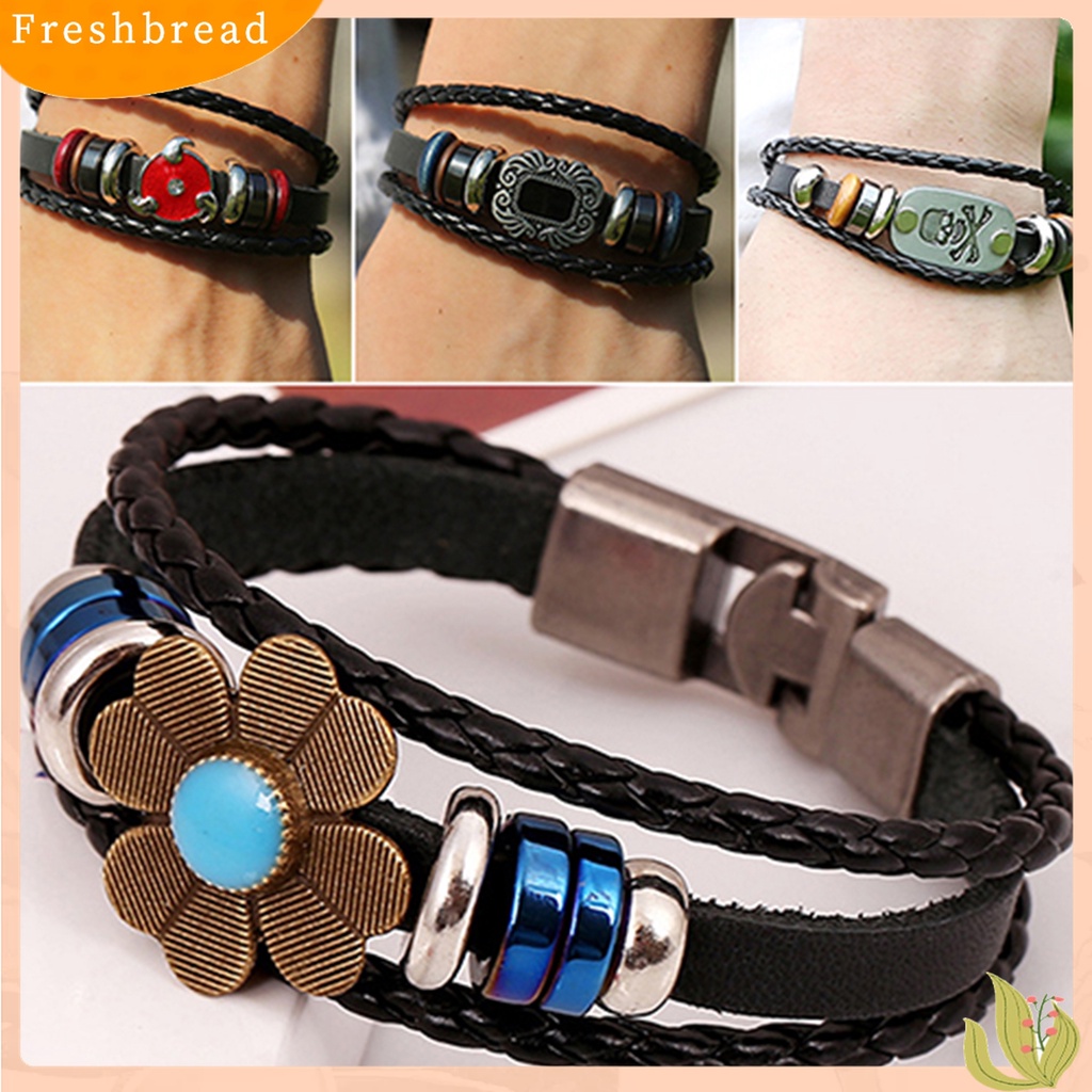 [TERLARIS]Unisex Retro Punk Flower Beads Faux Leather Braided Multilayer Bracelet Bangle for Daily Wear