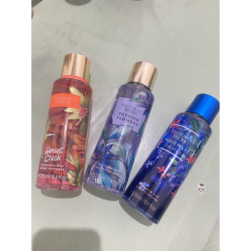 body mist victoria secret sunset crush , moonlit dahlia , passion flowers