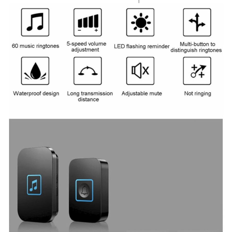 CACAZI Bel Pintu Wireless Doorbell LED 60 Tunes 1 PCS Receiver - A86 - Black