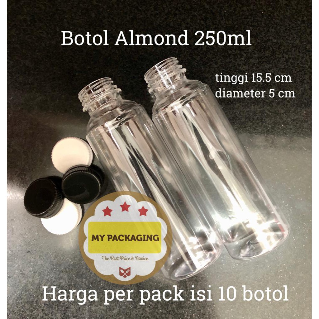 Botol plastik Almond 250ml + Tutup (harga per pack isi 10 botol)