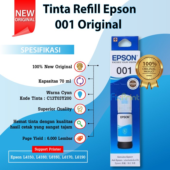 SET CMYK Tinta Refill Epson 001 Original Ink Bottle Printer Inktank L4150 L4160 L6160 L6170 L6190