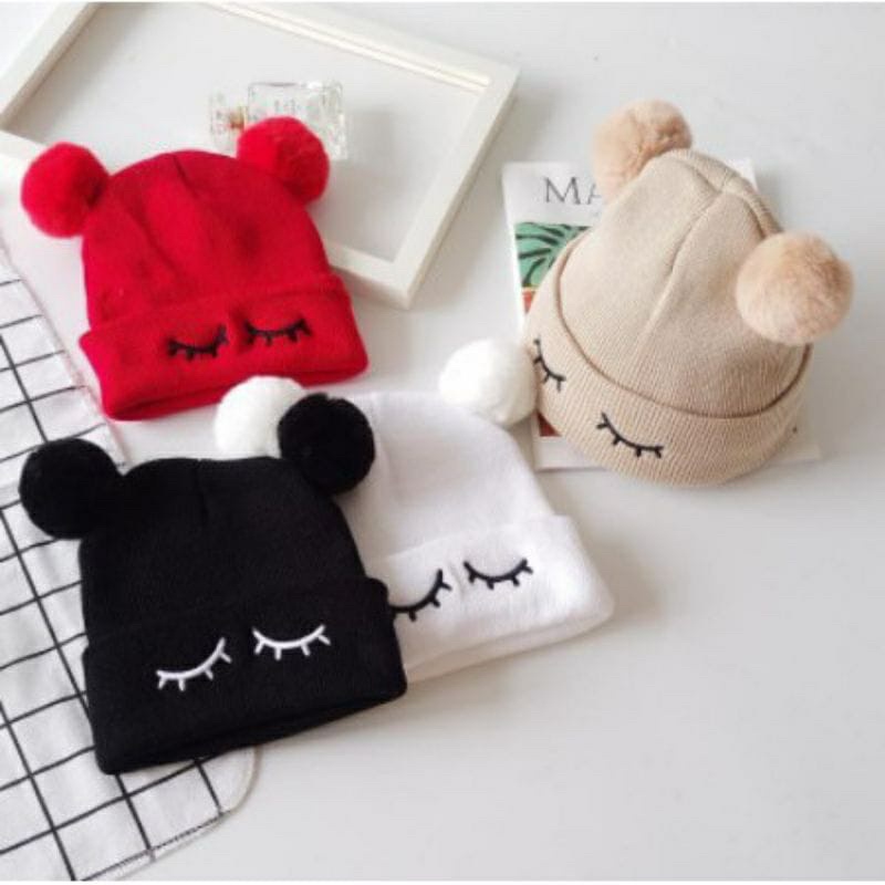 Topi bayi Kupluk bayi pom pom Mata Kedip